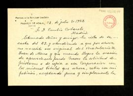 Carta de José M.ª Aguado a Emilio Cotarelo en la que le dice que acepta simplemente la cesión en ...