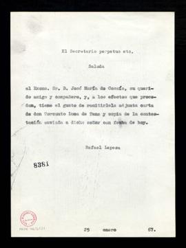 Copia sin firma del saluda del secretario, Rafael Lapesa, a José María de Cossío con el que le re...