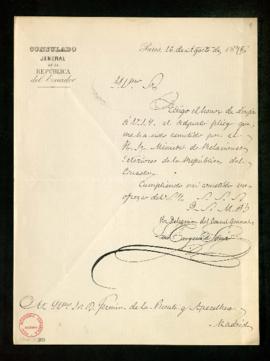 Carta del cónsul general de Ecuador en París a Fermín de la Puente Apezechea con la que le remite...