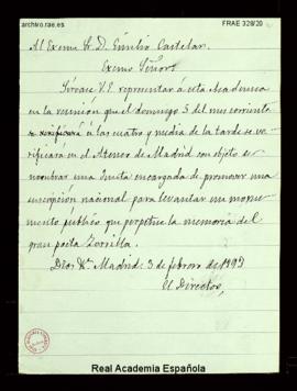 Minuta de la carta del director, conde de Cheste, a Emilio Castelar de comunicación de su nombram...