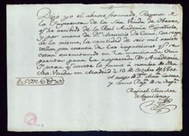 Recibo de Rafael Sánchez de Aguilera, regente de la imprenta de la viudad de Ibarra, de 6000 real...