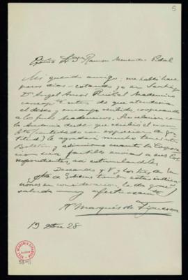Carta del marqués de Figueroa a Ramón Menéndez Pidal en la que le traslada el deseo de Ángel amor...
