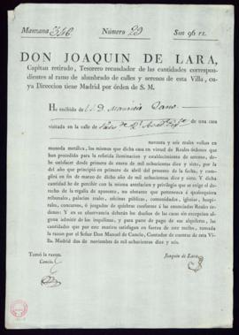 Recibo de Joaquín de Lara, tesorero recaudador de las cantidades correspondientes al ramo del alu...
