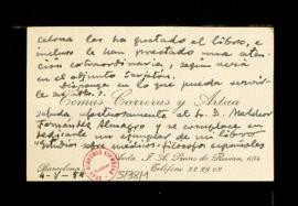 Tarjeta de Tomás Carreras Artau a Melchor Fernández Almagro con la que le envía dedicado su libro...