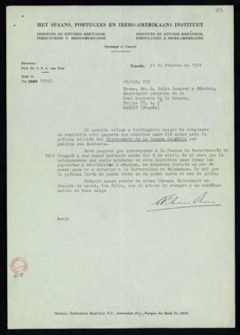 Carta de C. F. Adolf van Dam a Julio Casares con la que le remite un paquete de 234 papeletas par...