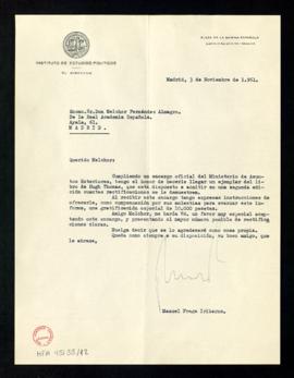 Carta de Manuel Fraga Iribarne, director del Instituto de Estudios Políticos, a Melchor Fernández...