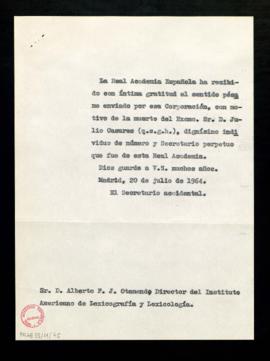 Copia del oficio del secretario accidental, Rafael Lapesa, a Alberto F. J. Otamendi, director del...