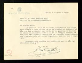 Carta de Cirilo del Río, ministro de Agricultura, a Ramón Menéndez Pidal en la que acusa recibo y...