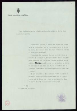 Minuta de la certificación del secretario, Emilio Cotarelo, del acuerdo de la junta de 11 de marz...