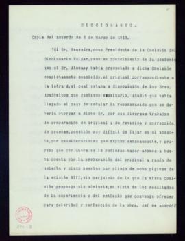 Copia del acuerdo de 2 de marzo de 1911 sobre la remuneración a José Alemany por diversos trabajo...