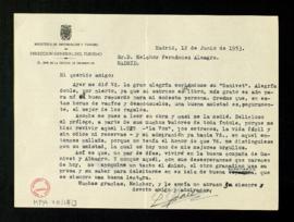 Carta de Juan del Rosal a Melchor Fernández Almagro en la que le felicita por Viaje al siglo XX