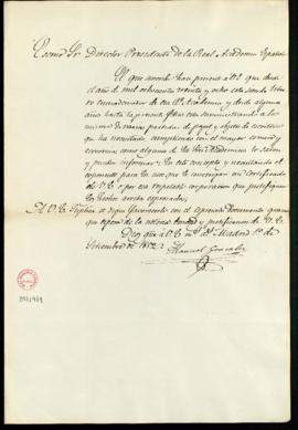 Carta de Manuel González de solicitud de una certificación de su condición de librero de la Academia
