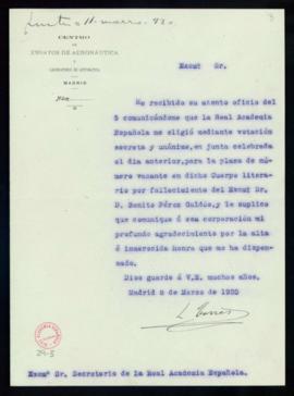 Carta de Leonardo Torres Quevedo al secretario en la que acusa recibo de la comunicación de su el...