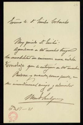 Carta de Manuel de Saralegui al secretario, Emilio Cotarelo, en la que le pide la remisión de una...