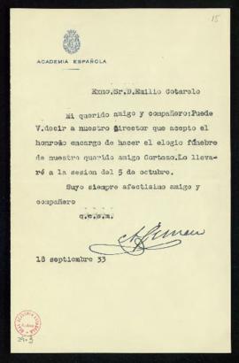 Carta de Amalio Gimeno a Emilio Cotarelo en la que le manifiesta que acepta el encargo de la necr...