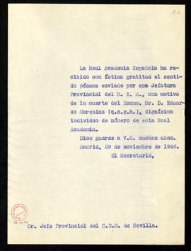 Copia sin firma del oficio del secretario al jefe provincial del SEM de Sevilla de traslado del a...