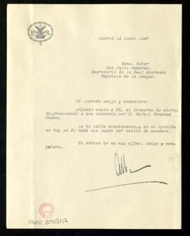 Carta del duque de Alba a Julio Casares, secretario, con la que le envía el discurso que ha escri...
