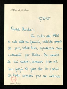 Carta de Alfonso de la Serna a Melchor Fernández Almagro en la que expresa su agradecimiento por ...