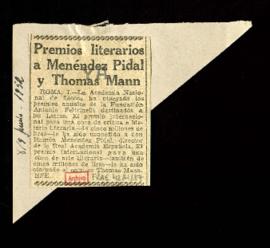 Recorte del diario Ya con la noticia Premios literarios a Menéndez Pidal y Thomas Mann
