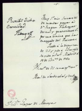 Orden de Manuel de Lardizábal del pago a Joaquín Fabregat de 2400 reales de vellón por una lámina...