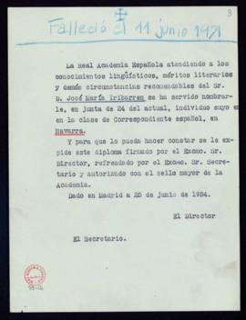 Copia sin firma del diploma de José María Iribarren de académico correspondiente en Navarra