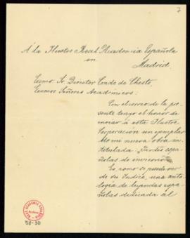 Carta de Körösi Albin al conde de Cheste, director, con la que envía un ejemplar de su obra Tarde...