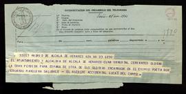 Telegrama de pésame del Ayuntamiento de Alcalá de Henares por el fallecimiento de Eduardo Marquina