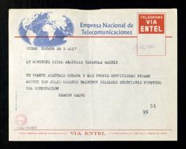 Telegrama de José María Chacón Calvo, director de la Academia Cubana de la Lengua, a Ramón Menénd...