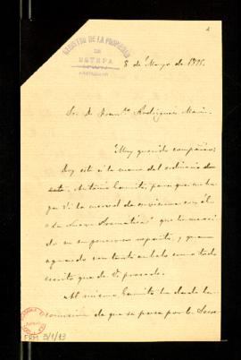 Carta de Antonio Aguilar y Cano a Francisco Rodríguez Marín en la que le pide un ejemplar de La n...