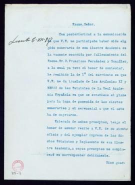 Carta de Fidel Fita al secretario [Emilio Cotarelo] de acuse de recibo de los Estatutos y el Regl...