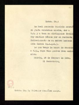 Copia sin firma del oficio del secretario a Salvador González Anaya de traslado del pésame de la ...