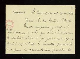 Carta de Serafín Álvarez Quintero a Emilio Cotarelo en la que le ruega que le envíe a su casa de ...