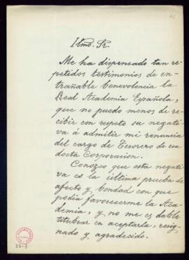 Carta del marqués de Valmar al secretario, Manuel Tamayo y Baus, en la que acepta la negativa de ...