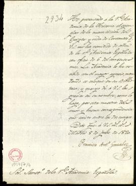 Carta de Francisco Antonio González al secretario en la que agradece el envío de la Vida de Cerva...