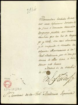 Carta de M. Pardo al secretario [Francisco Antonio González] con la que remite unas observaciones...