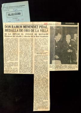Recorte del diario El Alcázar con el artículo Don Ramón Menéndez Pidal, Medalla de Oro de la Villa