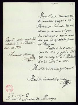 Orden de Manuel de Lardizábal del pago a Fernando Selma de 2160 reales de vellón por el grabado d...