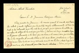 Carta de Antonio Alcalá Venceslada a Francisco Rodríguez Marín en la que le anuncia que le envía ...