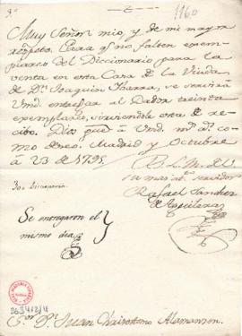 Carta de Rafael Sánchez de Aguilera a Juan Crisóstomo Ramírez Alamanzón en la que le ruega que en...