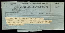 Telegrama de Julio Casares a Lorenzo García en el que acusa recibo de la noticia y le pide que ha...