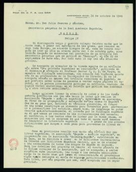 Carta de C. F. Adolf van Dam a Julio Casares con la que remite una ejemplar de su artículo Las pa...