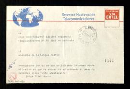 Telegrama de Jorge Fidel Durón en el que expresa su preocupación por Ramón Menéndez Pidal y solic...