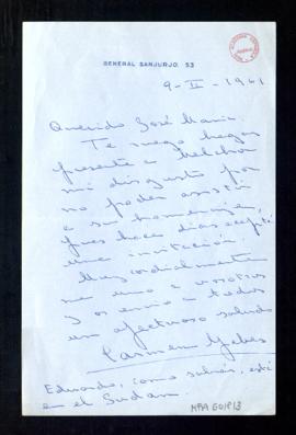 Carta de Carmen Yebes a José María en la que le ruega que haga saber a Melchor su disgusto por no...