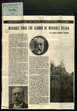 Recorte del diario Arriba con el artículo Menéndez Pidal fue alumno de Menéndez Pelayo, por Dioni...