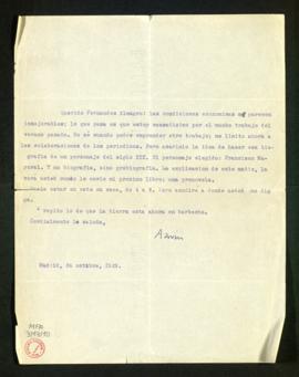 Carta de Azorín a Melchor Fernández Almagro en la que le dice que, aunque las condiciones económi...