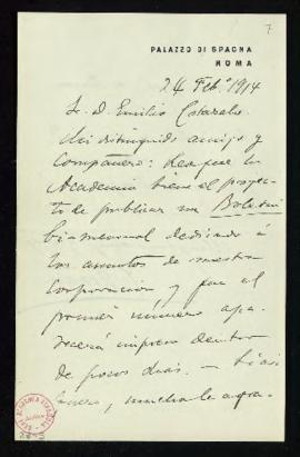 Carta del conde de la Viñaza [Cipriano Muñoz y Manzano] a Emilio Cotarelo en la que le pide que l...