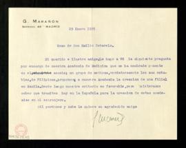 Carta de Gregorio Marañón a Emilio Cotarelo para preguntarle por los trámites necesarios para cre...