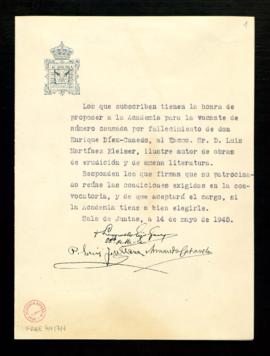 Propuesta de Luis Martínez-Kleiser para la vacante de número causada por fallecimiento de Enrique...
