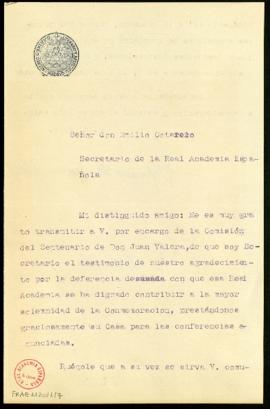 Carta de Cipriano de Rivas Cherif, secretario de la Comisión del centenario de Juan Valera, a Emi...