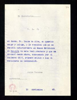 Copia del besalamano de Julio Casares al duque de Alba en el que le comunica que anteriormente no...
